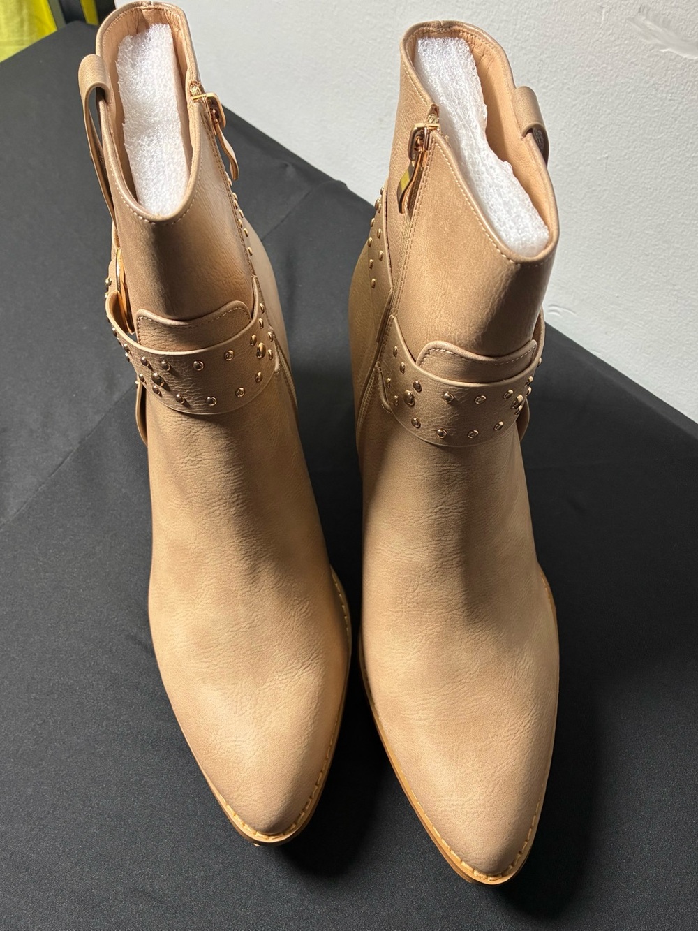 Women's Tan Pointed Toe Ankle Booties with Studded Strap